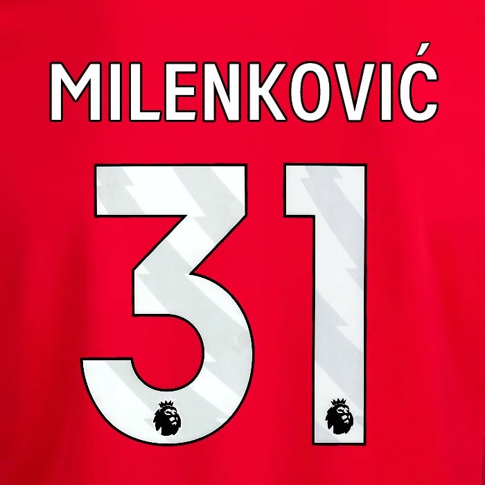 2024 2025 OFFICIAL NOTTINGHAM MILENKOVIC 31 WHITE HOME PLAYER SIZE NAMESET