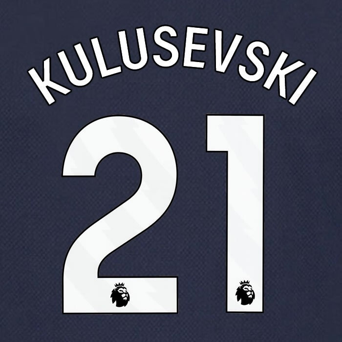 SPURS 2023 2024 KULUSEVSKI 21 AVERY DENNISON WHITE AWAY PLAYER SIZE NAME SET