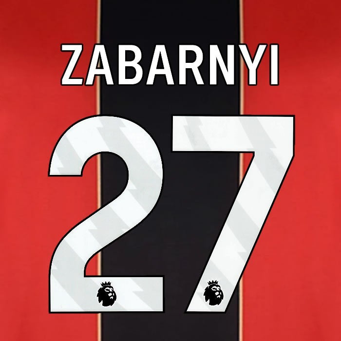 2024 2025 BOURNEMOUTH ZABARNYI 27 WHITE HOME PLAYER SIZE NAME SET