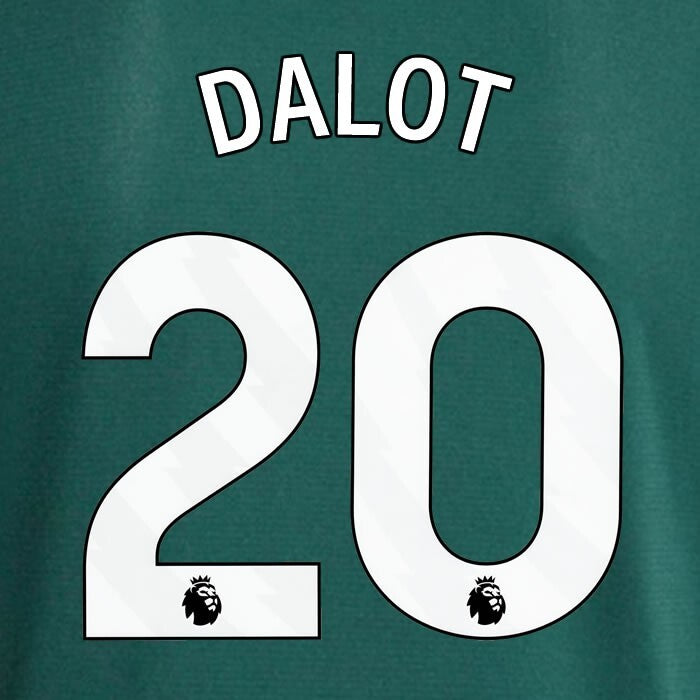 MAN UTD 2023 - 2024 DALOT 20 OFFICIAL AVERY DENNISON WHITE PLAYER SIZE NAME SET