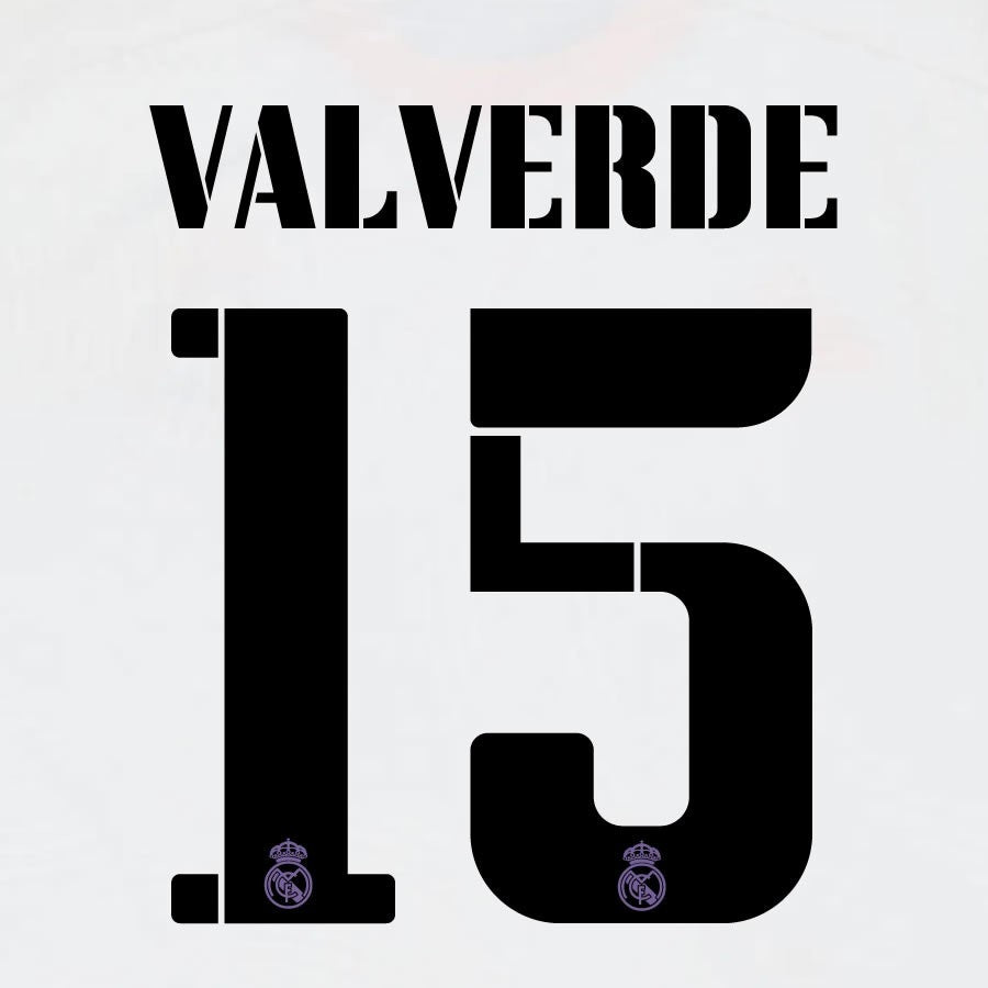 22 23 AVERY DENNISON REAL MADRID VALVERDE 15 HOME BLACK PLAYER SIZE NAMESET