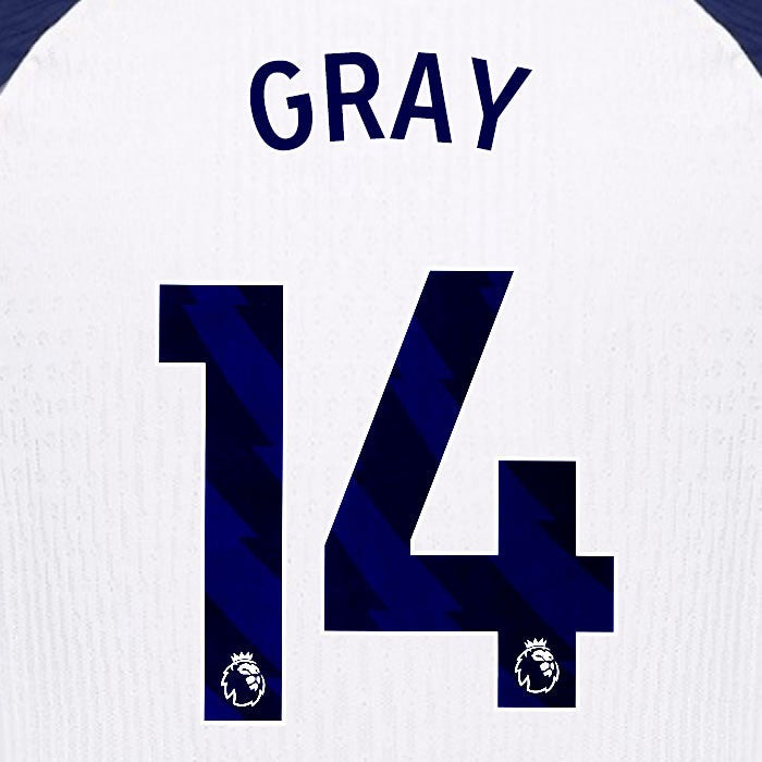 2025 2026 TOTTENHAM GRAY 14 BLUE HOME PLAYER SIZE NAME SET