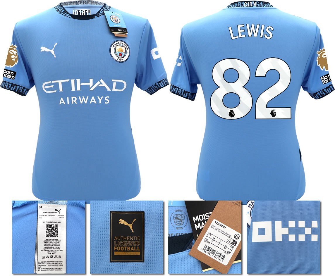 BNWT 24 25 MAN CITY PUMA HOME LEWIS 82 + PATCHES FOOTBALL SHIRT MEN'S XL