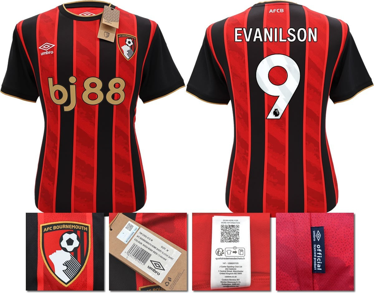 BNWT 2025 2026 UMBRO AFC BOURNEMOUTH HOME SHIRT EVANILSON 9