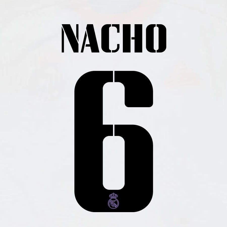 22 23 AVERY DENNISON REAL MADRID NACHO 6 HOME BLACK PLAYER SIZE NAMESET