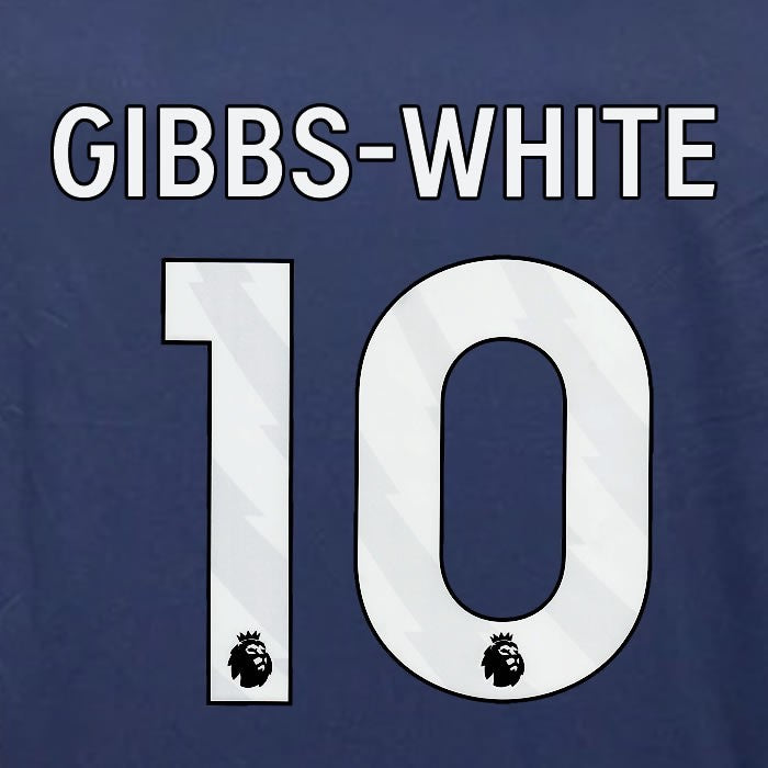 2023 2024 OFFICIAL NOTTINGHAM GIBBS-WHITE 10 WHITE 3RD PLAYER SIZE NAMESET