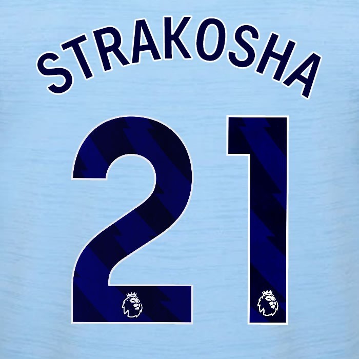 2023 2024 BRENTFORD STRAKOSHA 21 OFFICIAL BLUE AWAY PLAYER SIZE NAMESET