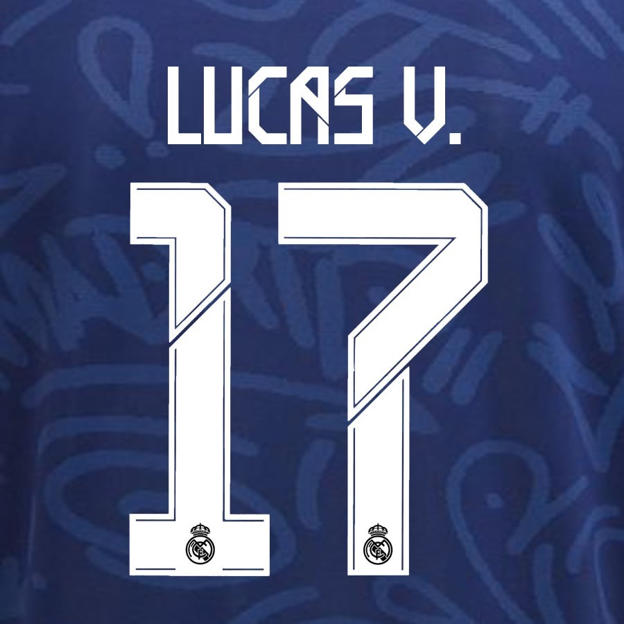 2021 2022 REAL MADRID LUCAS V. 17 WHITE AWAY 3RD PLAYER SIZE NAMESET 260MM