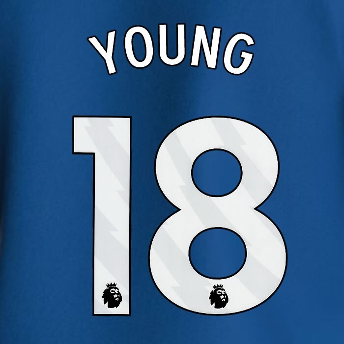 2023 2024 EVERTON YOUNG 18 OFFICIAL WHITE HOME PLAYER SIZE NAMESET