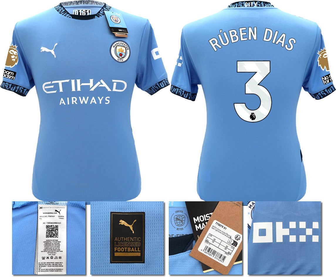 BNWT 24 25 MAN CITY PUMA HOME RUBEN DIAS 3 + PATCHES FOOTBALL SHIRT MEN'S LARGE