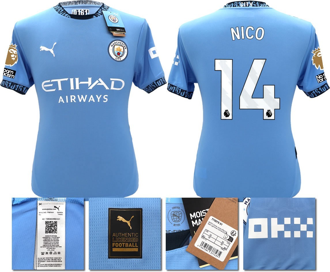 BNWT 24 25 MAN CITY PUMA HOME NICO 14 + PATCHES FOOTBALL SHIRT MEN'S LARGE
