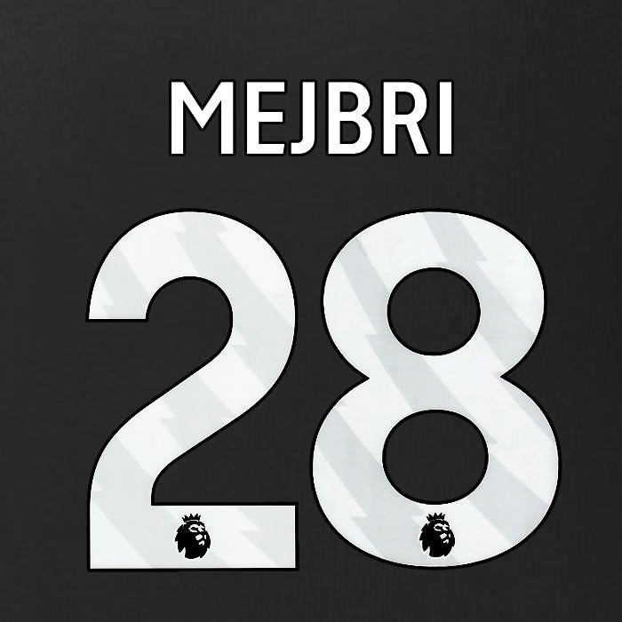2025 2026 BURNLEY MEJBRI 28 OFFICIAL WHITE 3RD PLAYER SIZE NAMESET