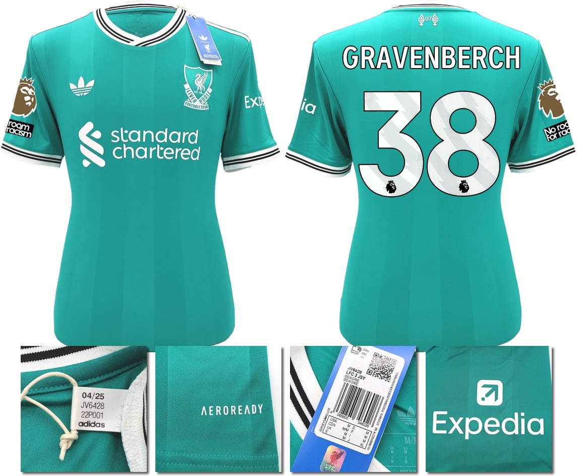 BNWT 2025 2026 LIVERPOOL ADIDAS 3RD SHIRT GRAVENBERCH 38 + PATCHES MEN'S