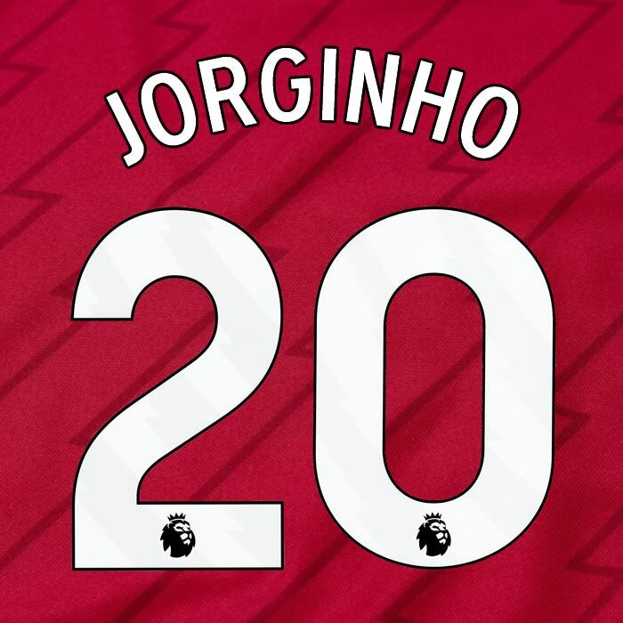 ARSENAL 2023/24 JORGINHO 20 OFFICIAL AVERY DENNISON WHITE PLAYER SIZE NAME SET