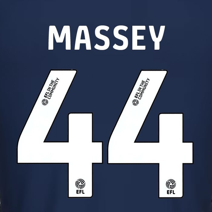 25 26 MILLWALL MASSEY 44 OFFICIAL WHITE HOME PLAYER SIZE NAME SET 230MM