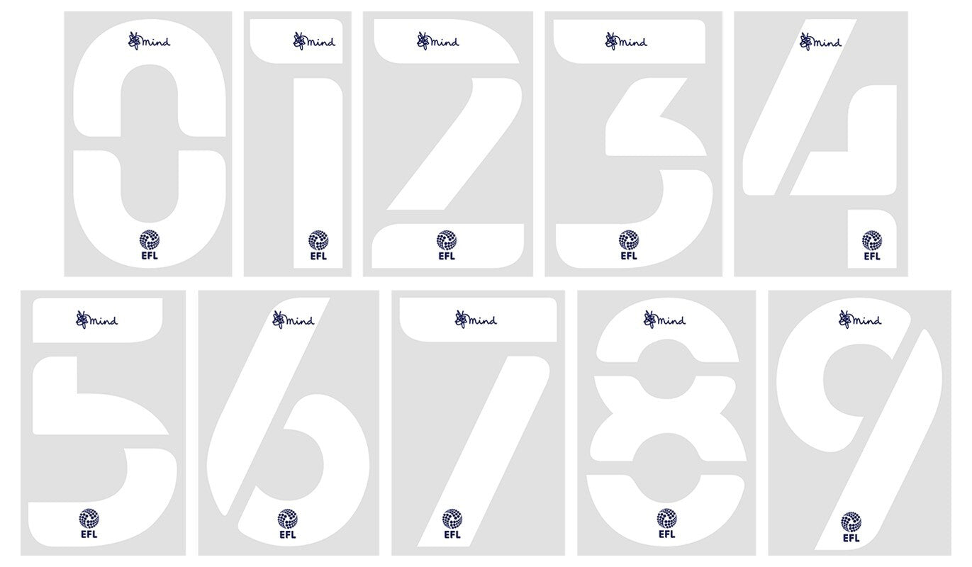 2020 2023 OFFICIAL EFL FOOTBALL LEAGUE WHITE WITH BLUE PLAYER SHIRT NUMBERS