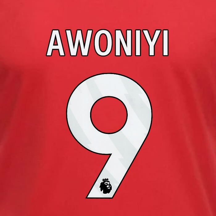 2023 2024 OFFICIAL NOTTINGHAM AWONIYI 9 WHITE HOME PLAYER SIZE NAMESET