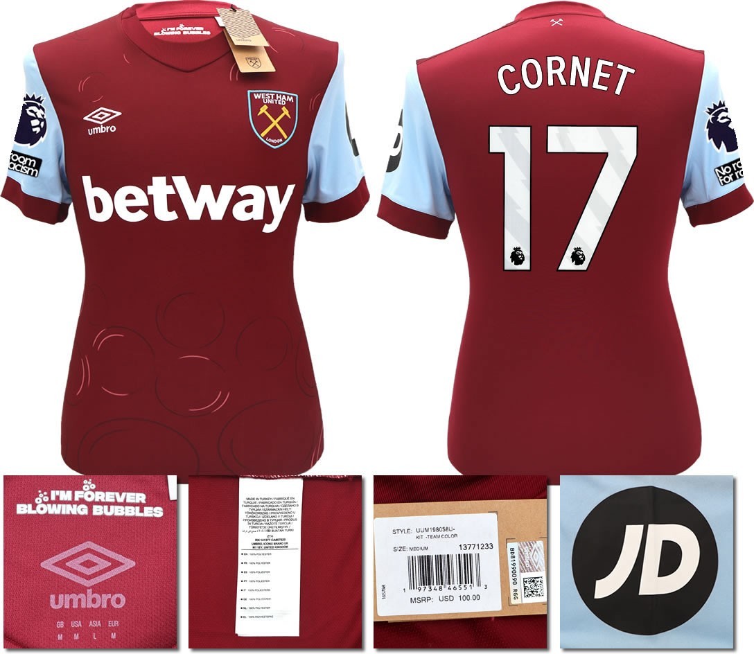 BNWT 2023 2024 UMBRO WEST HAM HOME SHIRT CORNET 17 + PACTHES MEN'S