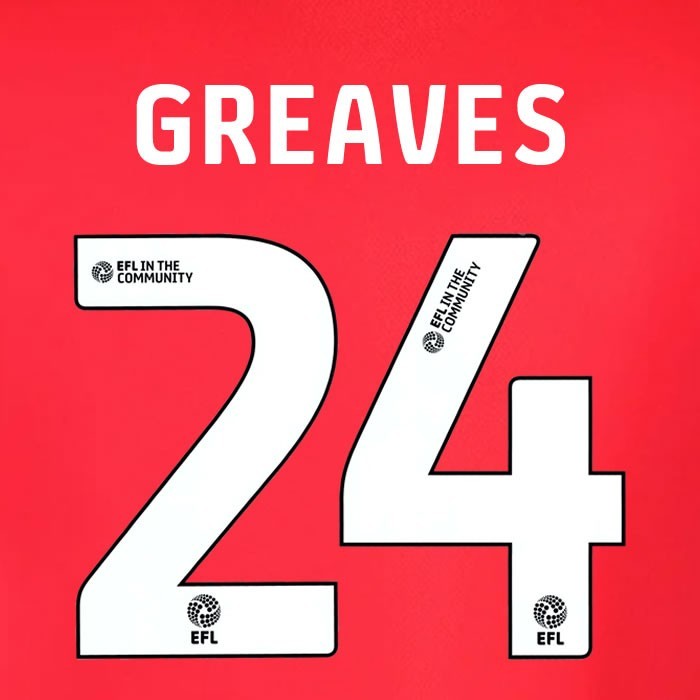25 26 IPSWITCH TOWN GREAVES 24 OFFICIAL WHITE AWAY PLAYER SIZE NAME SET 230MM