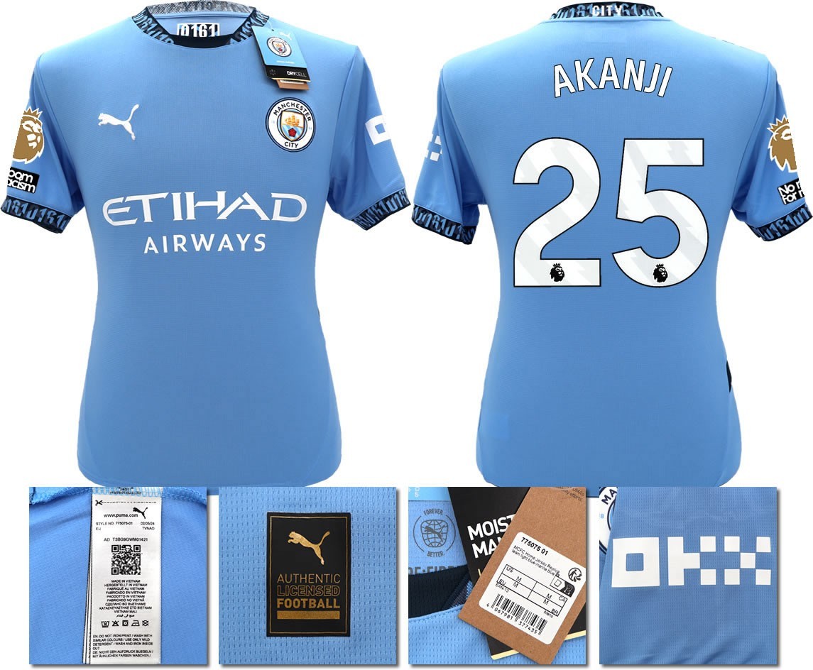 BNWT 24 25 MAN CITY PUMA HOME AKANJI 25 + PATCHES FOOTBALL SHIRT MEN'S XL