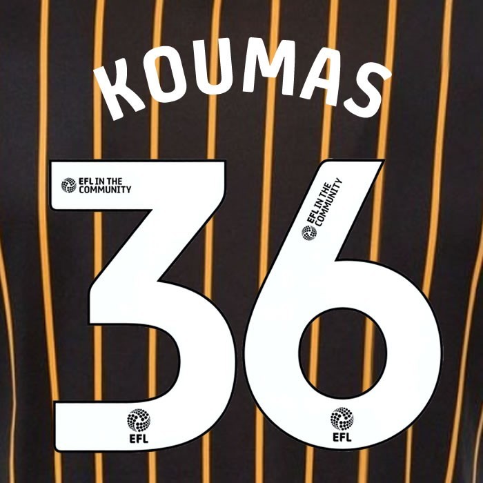 25 26 HULL CITY KOUMAS 36 OFFICIAL WHITE HOME PLAYER SIZE NAME SET 230MM
