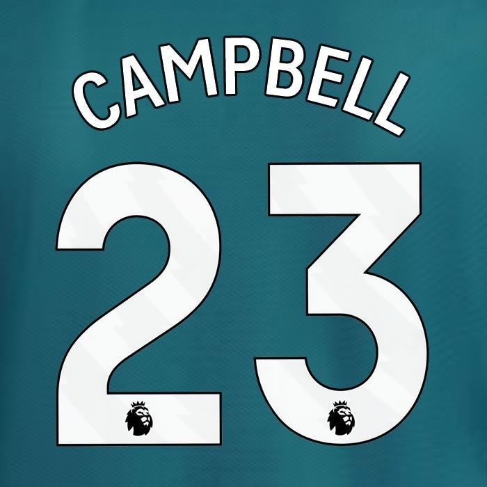2023 2024 ARSENAL CAMPBELL 23 WHITE 3RD OFFICIAL PLAYER SIZE NAME SET