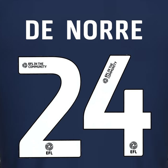 25 26 MILLWALL DE NORRDE 24 OFFICIAL WHITE HOME PLAYER SIZE NAME SET 230MM