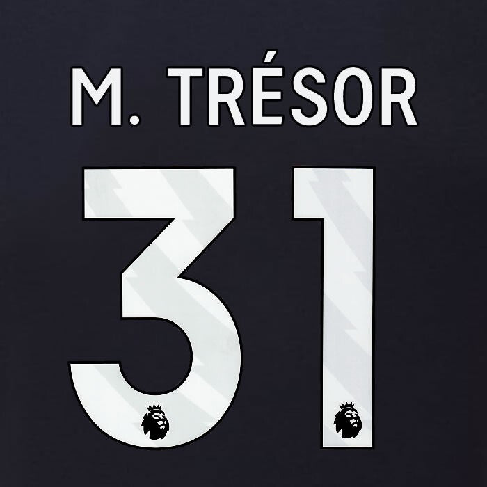 2023 2024 BURNLEY M. TRESOR 31 OFFICIAL WHITE 3RD PLAYER SIZE NAMESET