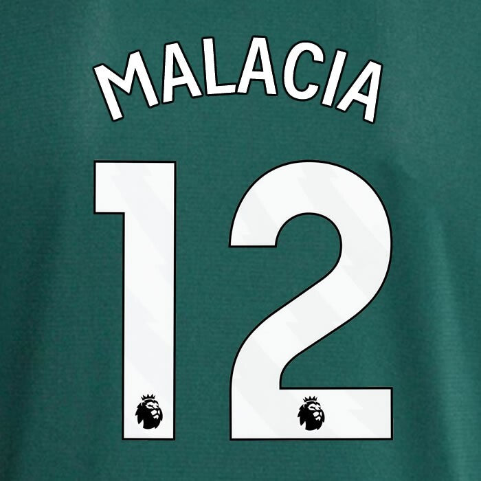 MAN UTD 2023 2024 MALACIA 12 OFFICIAL AVERY DENNISON WHITE PLAYER SIZE NAME SET