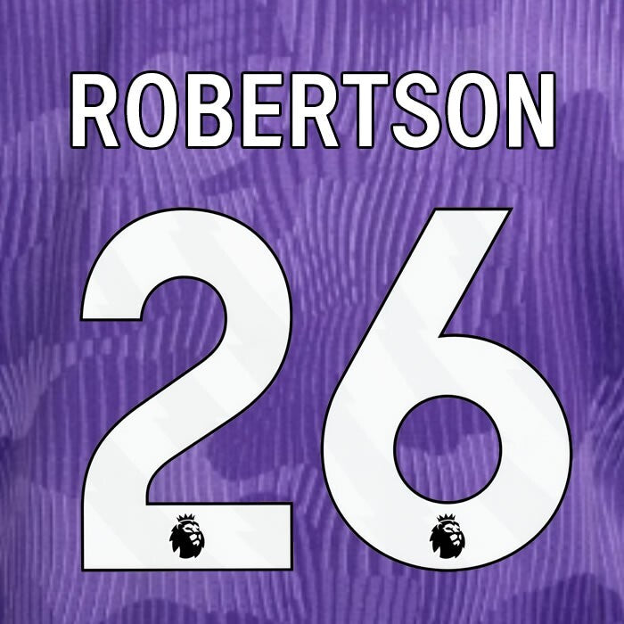 2023 2024 OFFICIAL LIVERPOOL ROBERTSON 26 WHITE 3RD PLAYER SIZE NAMESET