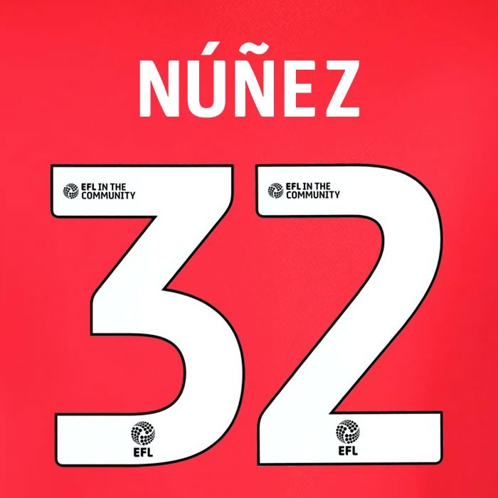 25 26 IPSWITCH TOWN NUNEZ 32 OFFICIAL WHITE AWAY PLAYER SIZE NAME SET 230MM
