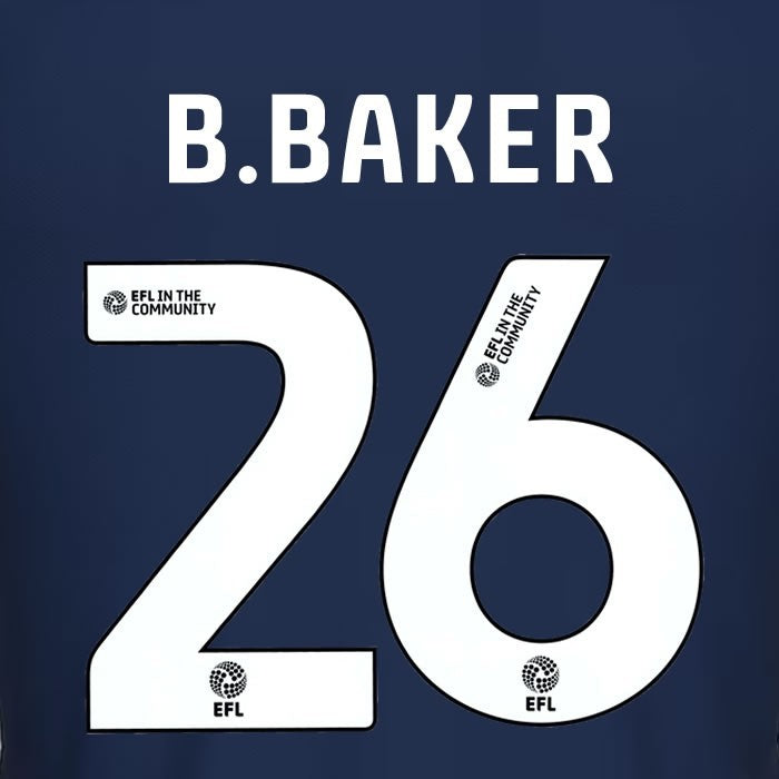 25 26 MILLWALL B. BAKER 26 OFFICIAL WHITE HOME PLAYER SIZE NAME SET 230MM