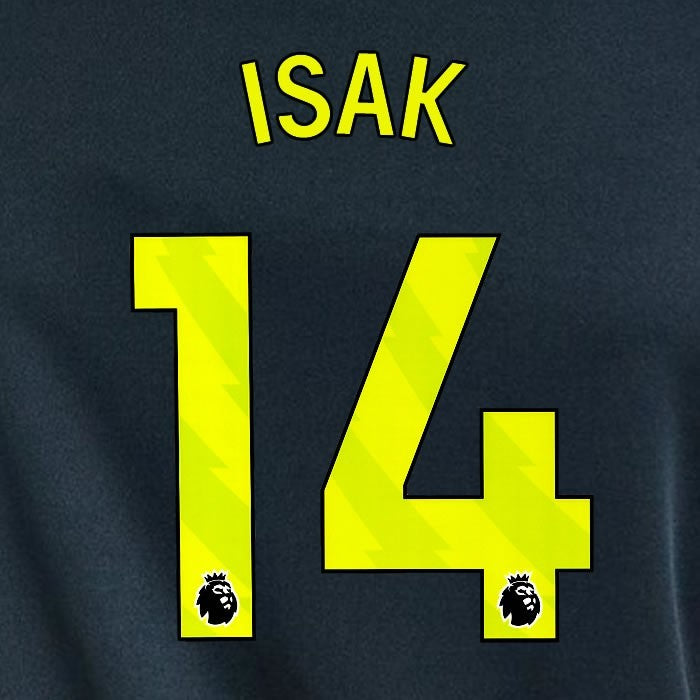 2023 2024 NEWCASTLE ISAK 14 OFFICIAL YELLOW 3rd PLAYER SIZE NAME SET