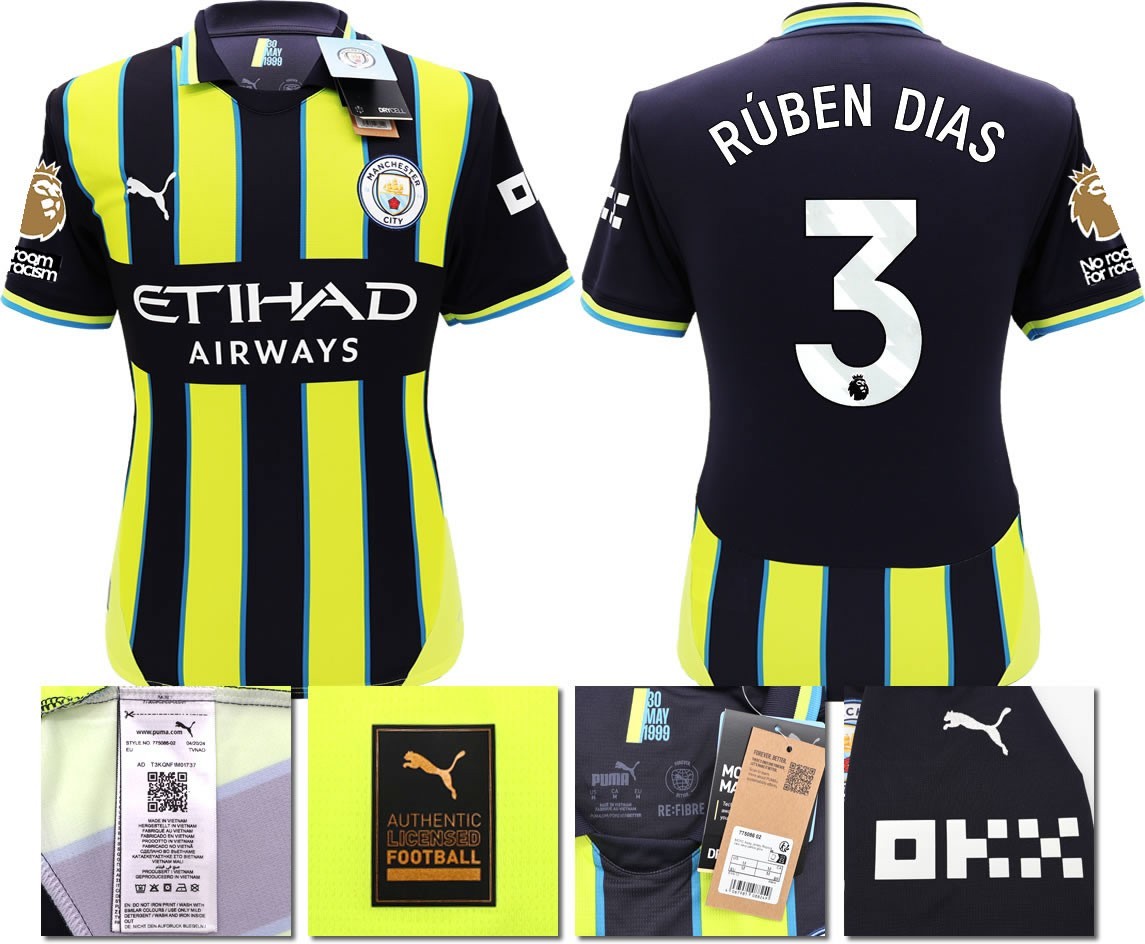BNWT 24 25 MAN CITY PUMA AWAY RUBEN DIAS 3 + PATCHES FOOTBALL SHIRT MEN'S LARGE