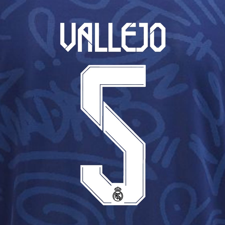 2021 2022 REAL MADRID VALLEJO 5 WHITE AWAY 3RD PLAYER SIZE NAMESET 260MM