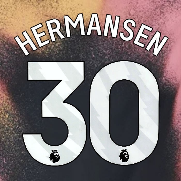 2024 2025 OFFICIAL LEICESTER CITY HERMANSEN 30 WHITE AWAY PLAYER SIZE NAME SET