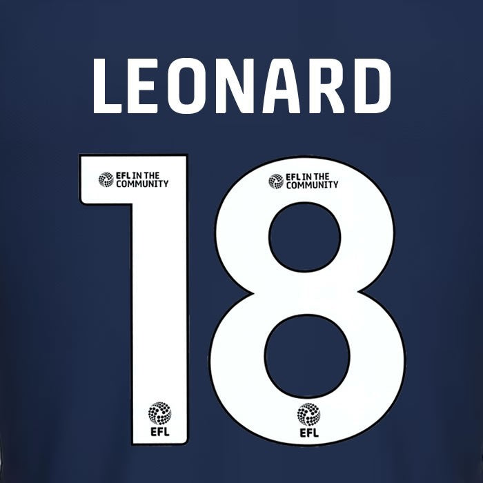 25 26 MILLWALL LEONARD 18 OFFICIAL WHITE HOME PLAYER SIZE NAME SET 230MM