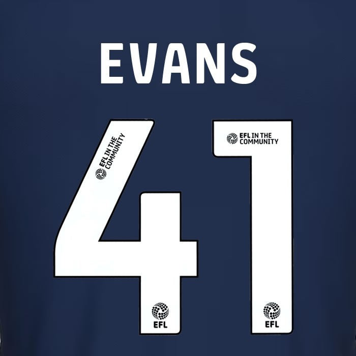 25 26 MILLWALL EVANS 41 OFFICIAL WHITE HOME PLAYER SIZE NAME SET 230MM