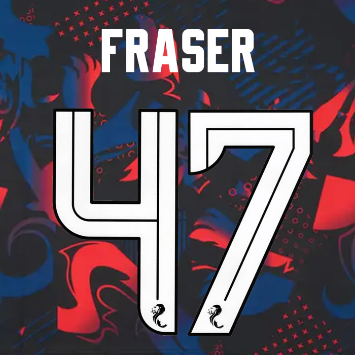 2024 2025 Rangers FRASER 47 WHITE 3RD OFFICIAL PLAYER SIZE NAMESET