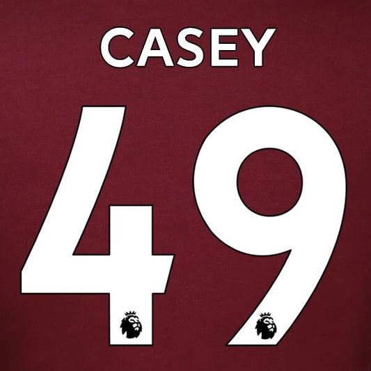 LEEDS UNITED 19-23 CASEY 49 OFFICIAL AVERY DENNISON WHITE PLAYER SIZE NAME SET