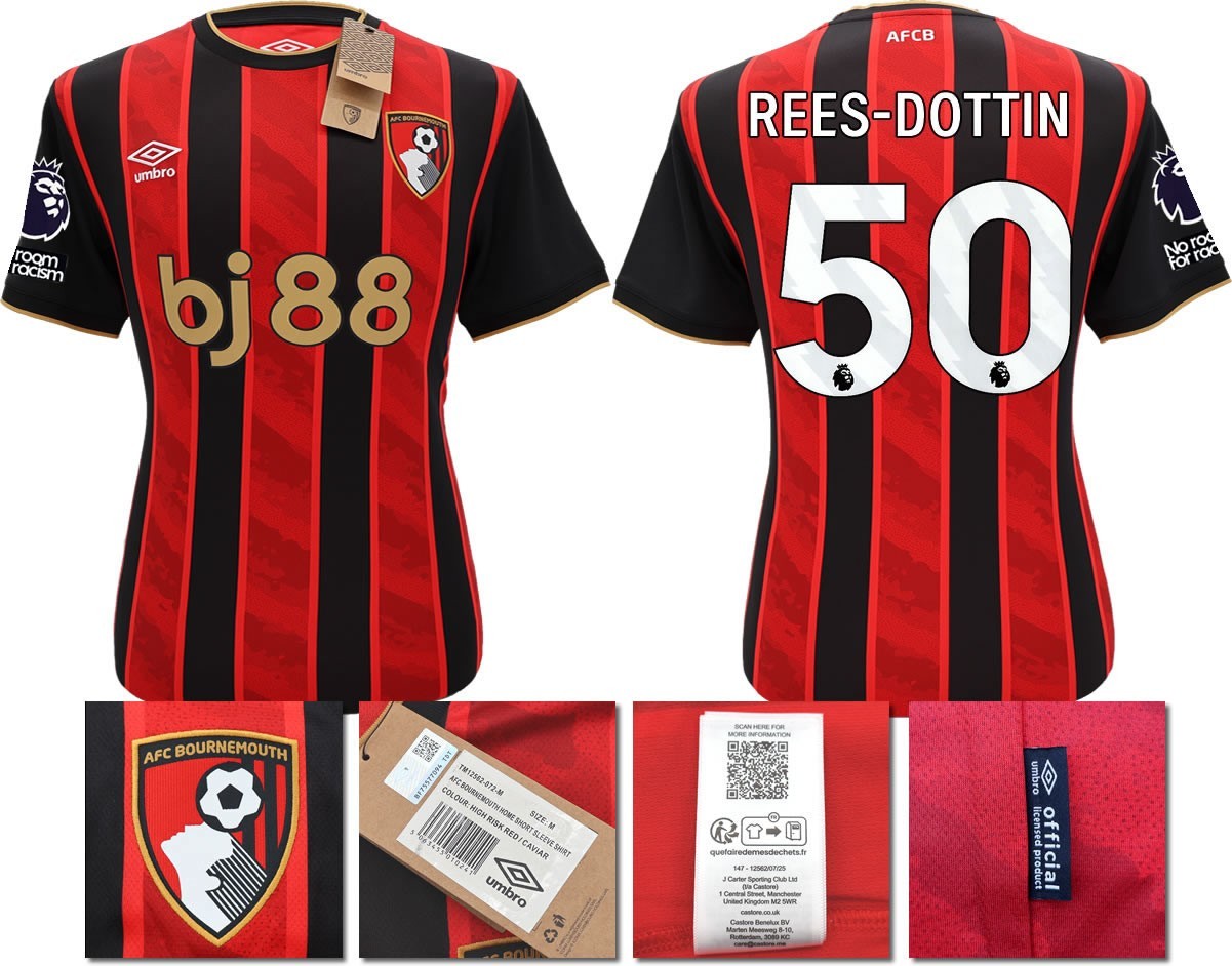 BNWT 2025 2026 UMBRO AFC BOURNEMOUTH HOME SHIRT REES DOTTIN 50 + PATCHES