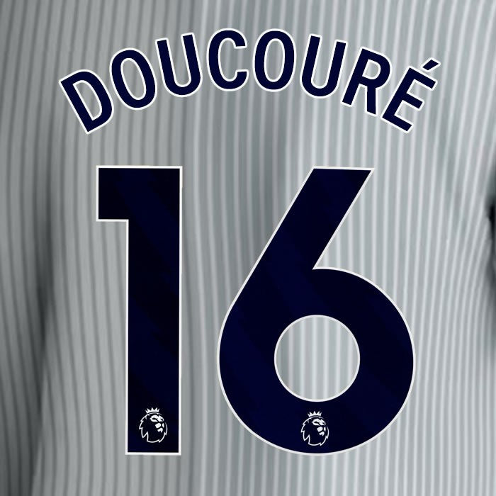 2023 2024 EVERTON DOUCOURE 16 OFFICIAL BLUE 3RD PLAYER SIZE NAMESET