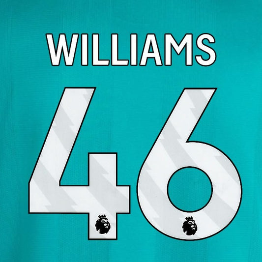 2025 2026 OFFICIAL LIVERPOOL WILLIAMS 46 WHITE 3RD PLAYER SIZE NAMESET