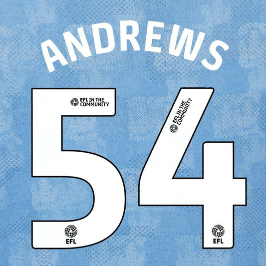 25 26 COVENTRY CITY ANDREWS 54 OFFICIAL WHITE HOME PLAYER SIZE NAME SET 230MM