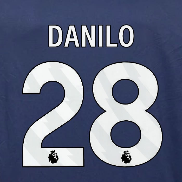 2023 2024 OFFICIAL NOTTINGHAM DANILO 28 WHITE 3RD PLAYER SIZE NAMESET