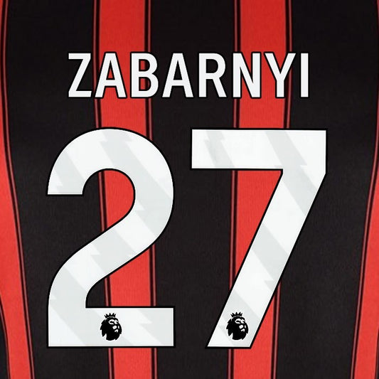 2023 2024 BOURNEMOUTH ZABARNYI 27 WHITE HOME PLAYER SIZE NAME SET