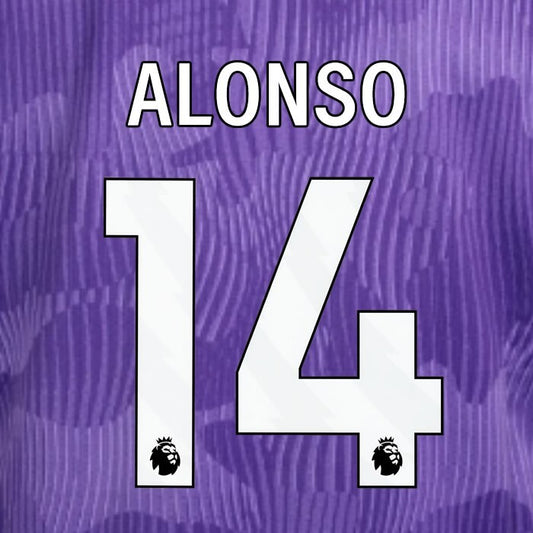 2023 2024 OFFICIAL LIVERPOOL ALONSO 14 WHITE 3RD PLAYER SIZE NAMESET