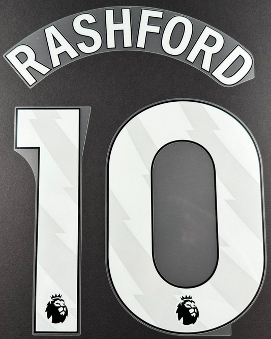 MAN UTD 23 - 25 RASHFORD 10 OFFICIAL AVERY DENNISON WHITE PLAYER SIZE NAME SET