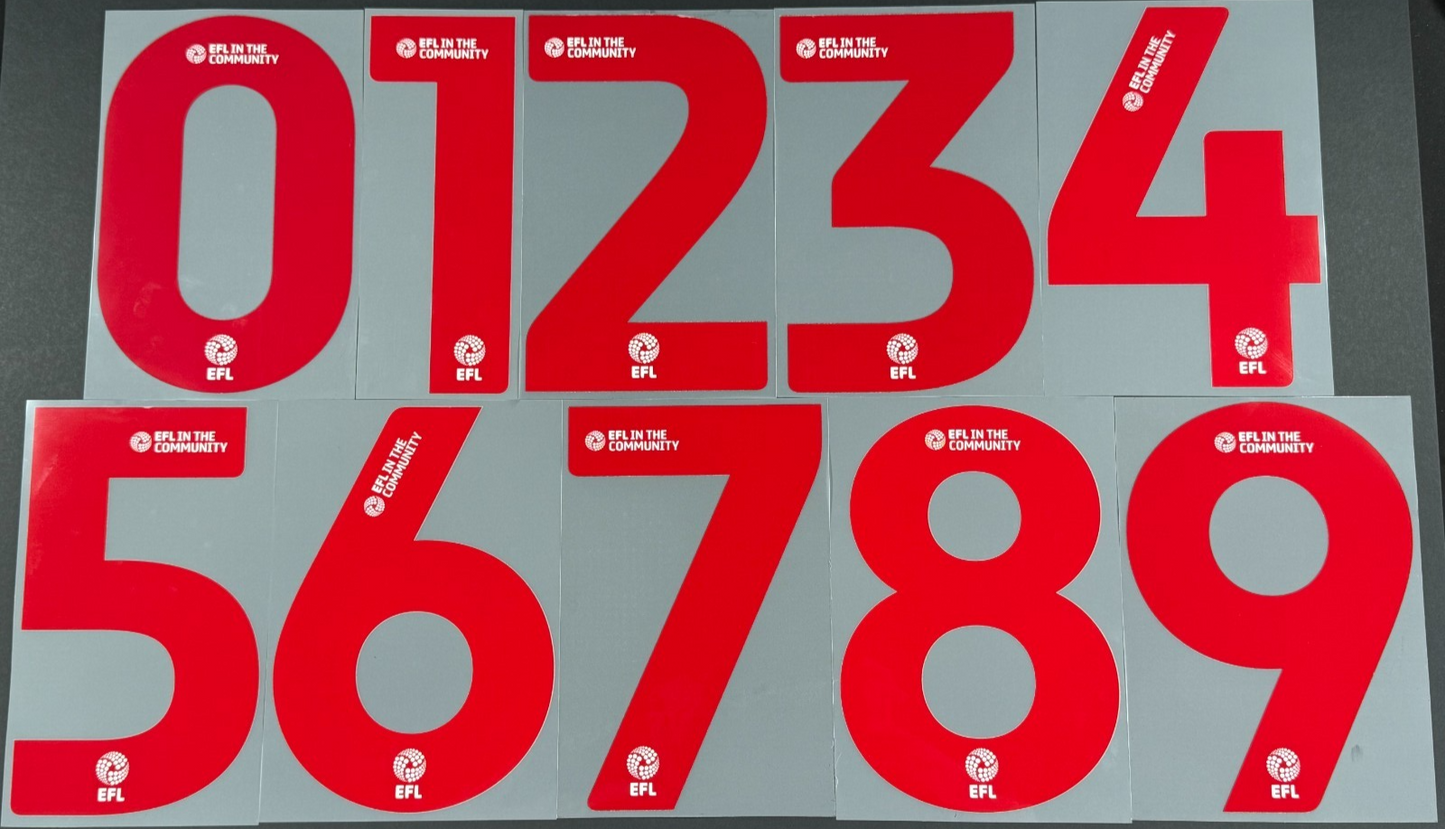 2023 2025 OFFICIAL EFL FOOTBALL LEAGUE RED PLAYER SIZE SHIRT NUMBERS