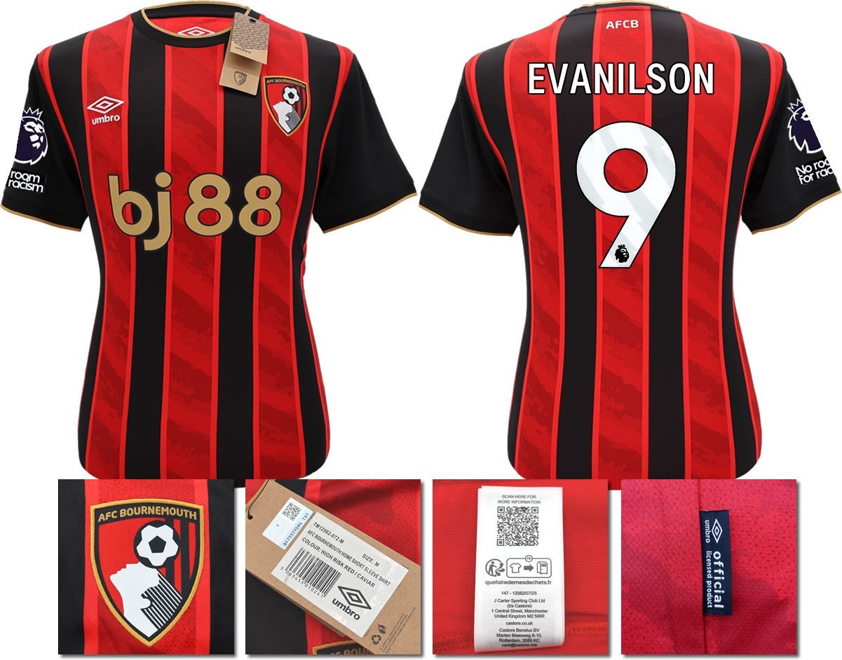 BNWT 2025 2026 UMBRO AFC BOURNEMOUTH HOME SHIRT EVANILSON 9